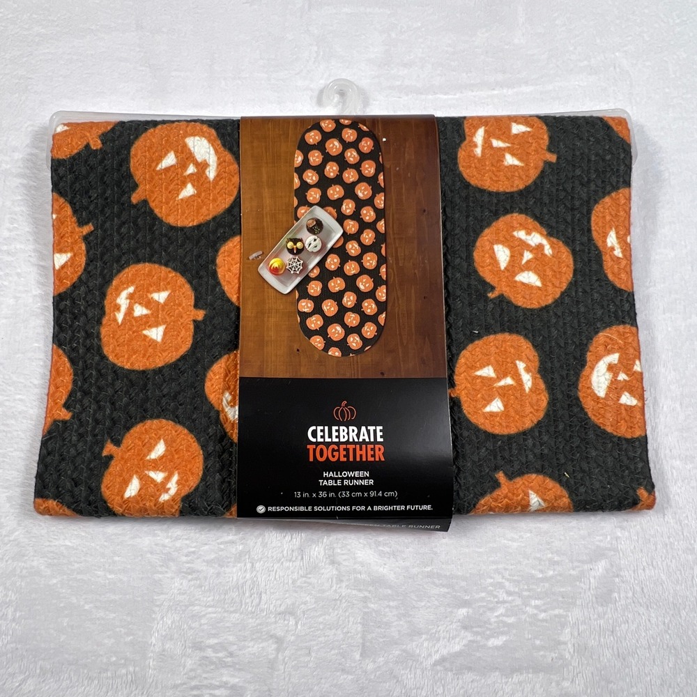 Celebrate Together Halloween Braided Table Runner Jack-O-Lantern Black 13x36 NEW